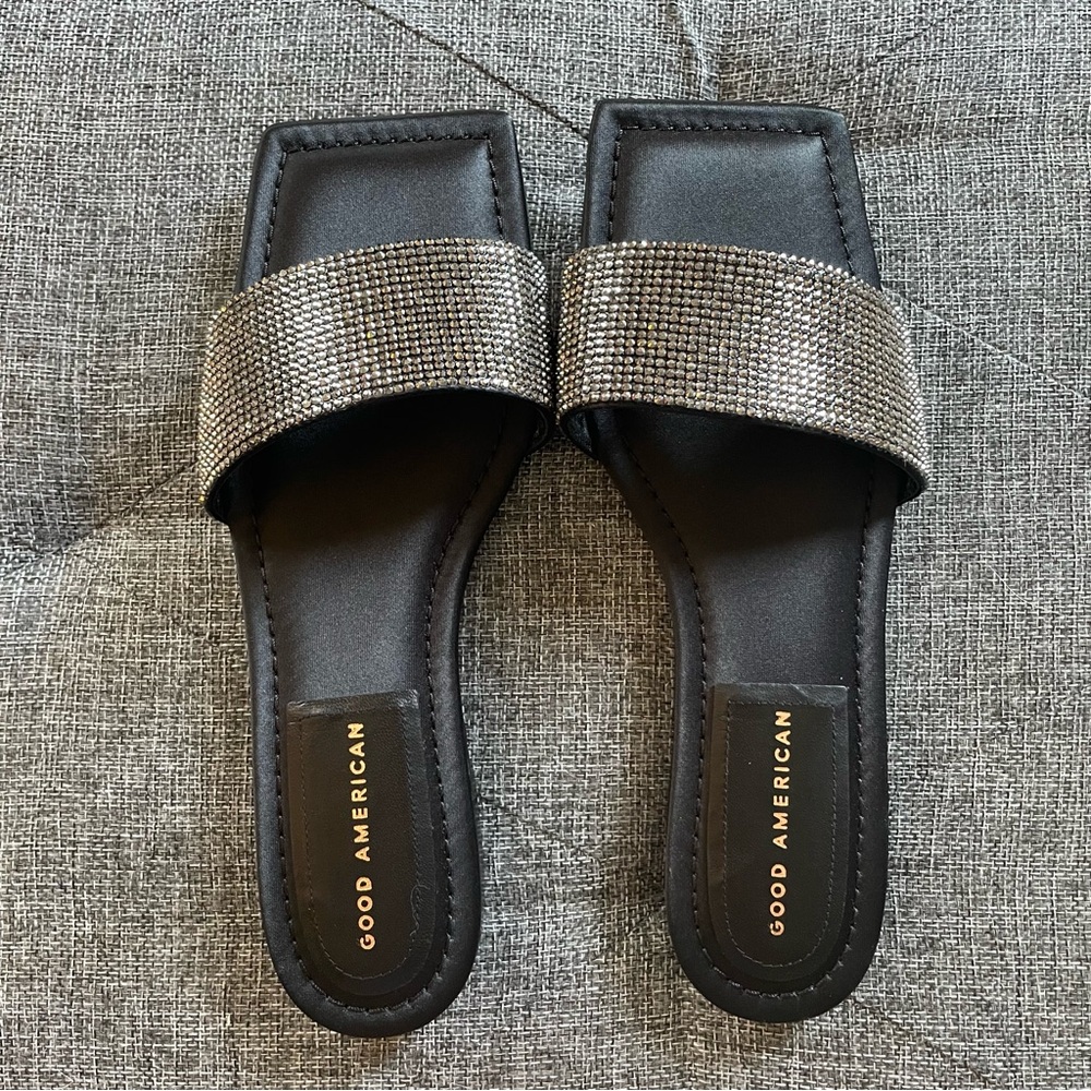 Good American CRYSTAL CRUSH Black and Silver Rhinestone Flat Slides